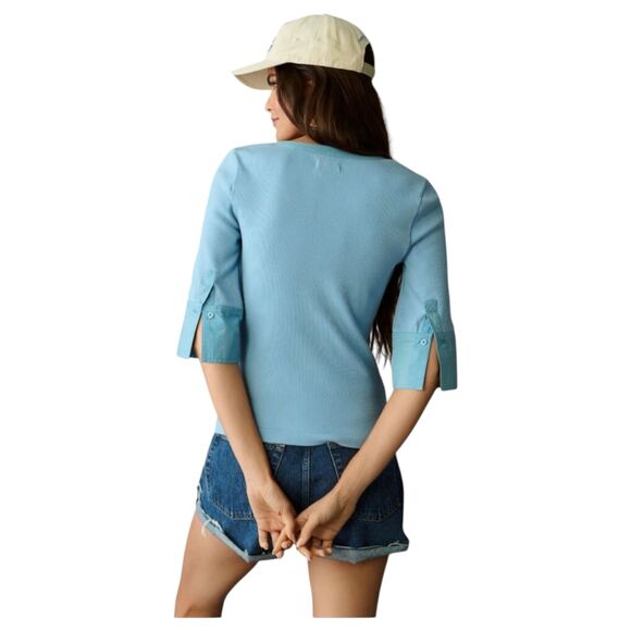 Maeve Anthropologie Blue Ribbed 3/4 Sleeve Placket Blouse Size XL - Picture 3 of 7